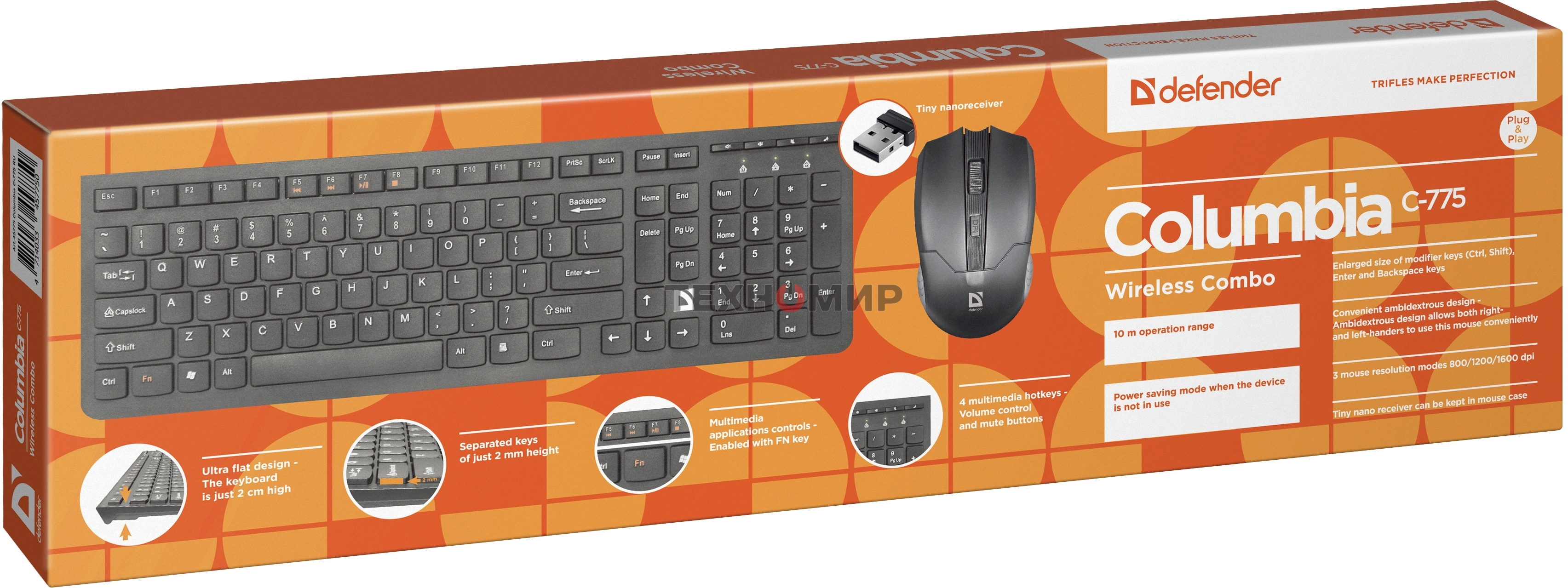 Комплект клавиатура+мышь Defender Columbia C-775 беспроводной, USB, 1600 DPI, чёрный