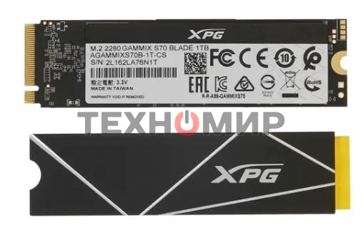 Накопитель SSD ADATA XPG BLADE S70, 1Tb, PCIe 4.0 x4, M.2 2280, NVMe, R/W 7400/5500, с радиатором