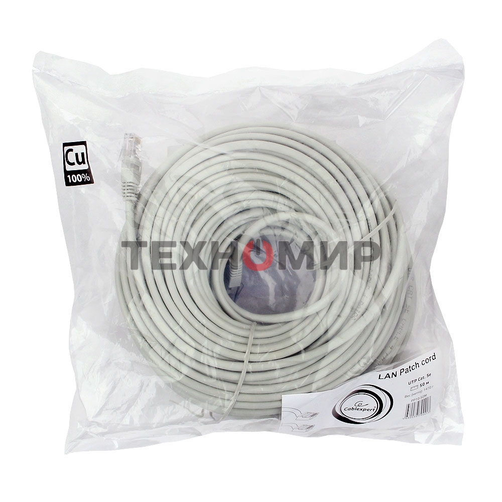 Патч-корд медный UTP Cablexpert PP10-50M cat.5e, 50м, литой, многожильный, серый