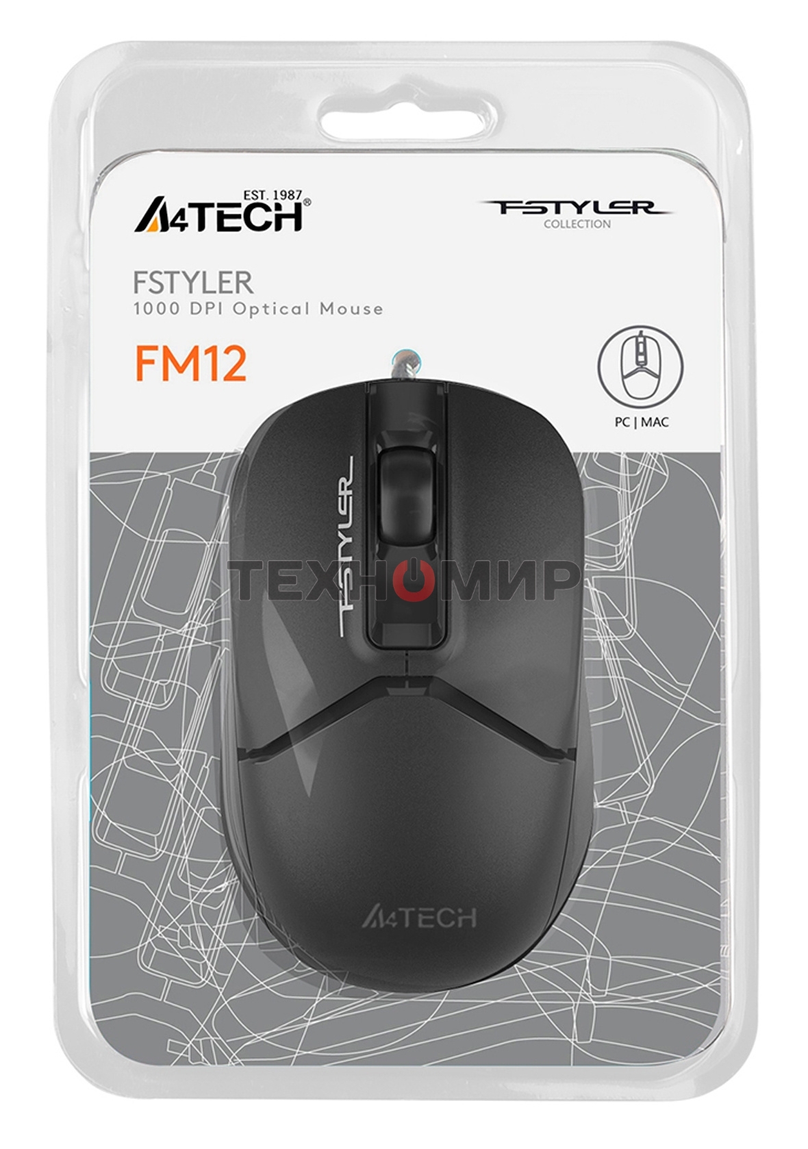 Мышь проводная A4Tech Fstyler FM12 черный, 1200 dpi, USB, кнопки - 3