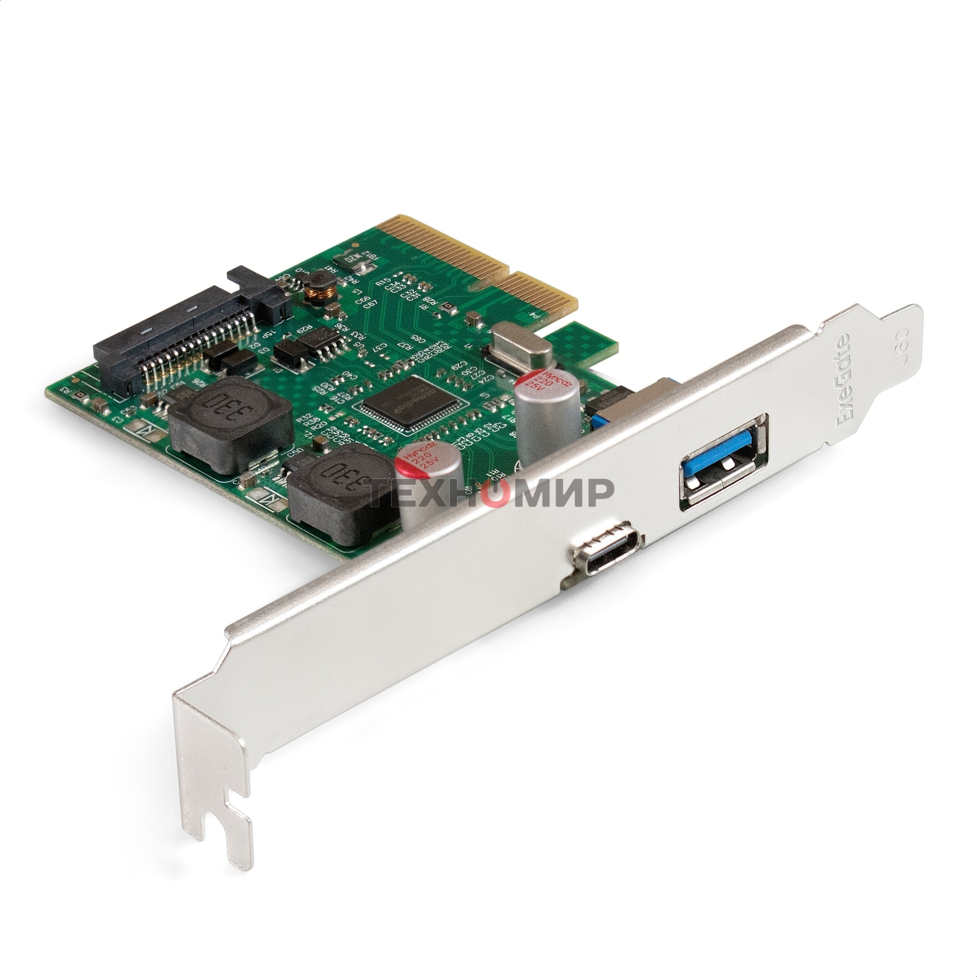 Контроллер ExeGate EXE-313-1A1C (PCI-E x4 v3.0, USB3.2 Gen2 1xType-A + 1xType-C ext., SuperSpeed+ скорость до 10 Гбит/с, разъем доп.питания, ASMedia Chipset ASM3142)