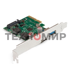 Контроллер ExeGate EXE-313-1A1C (PCI-E x4 v3.0, USB3.2 Gen2 1xType-A + 1xType-C ext., SuperSpeed+ скорость до 10 Гбит/с, разъем доп.питания, ASMedia Chipset ASM3142)