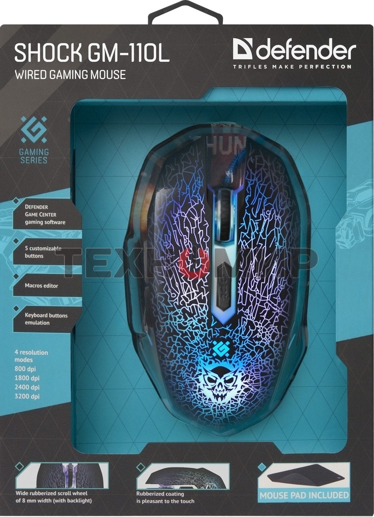 Мышь проводная Defender Shock GM-110L черный, 3200 dpi, USB, кнопки - 6