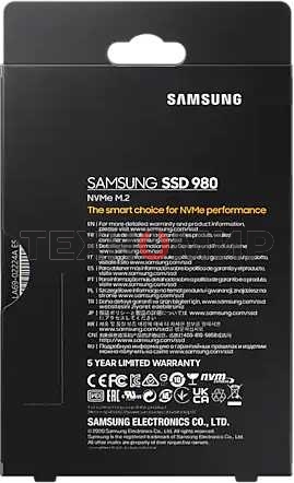Накопитель SSD Samsung 980, 1000Gb, PCIe 3.0 x4, M.2 2280, NVMe, R/W 3500/3000