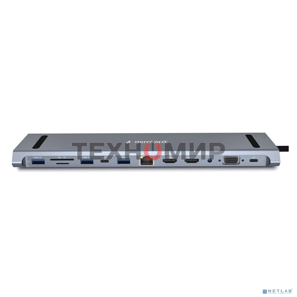 Концентратор USB Type-C Gembird UHB-D6, 12в1: 2xUSB3.1, USB2.0, RJ45, Type-C PD87W, Jack 3.5, SD/TF, 2xHDMI, VGA, Type-C, кабель 23см, алюминий