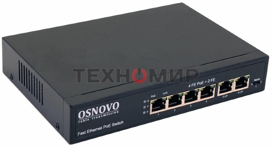 Коммутатор Osnovo SW-20600(80W) PoE коммутатор 6 портов, 4 PoE порта 10/100 Base-T, 2*10/100 Base-T Uplink, до 30W на порт, суммарно до 80W