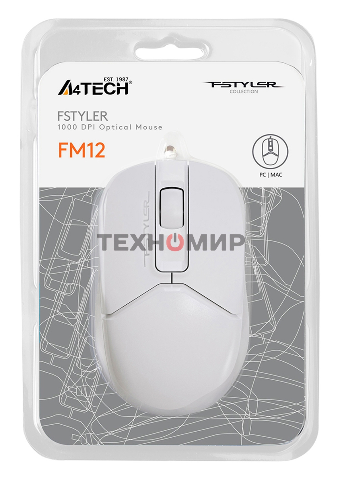 Мышь проводная A4Tech Fstyler FM12 белый, 1200 dpi, USB, кнопки - 3