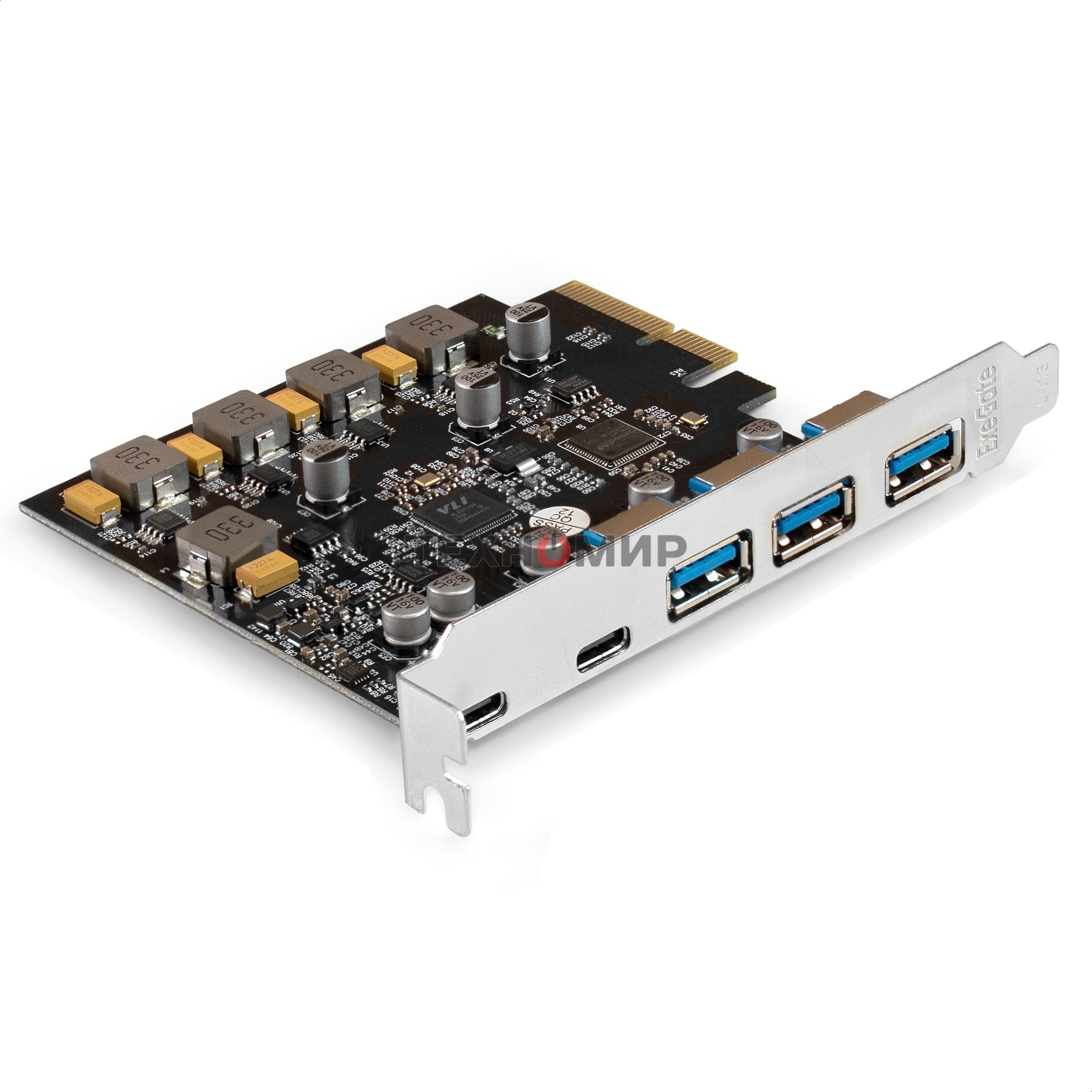 Контроллер ExeGate EXE-313-3A2C (PCI-E x4 v3.0, USB3.2 Gen2 3xType-A + 2xType-C ext., SuperSpeed+ скорость до 10 Gbит/с, разъем доп.питания, ASMedia Chipset ASM3142)