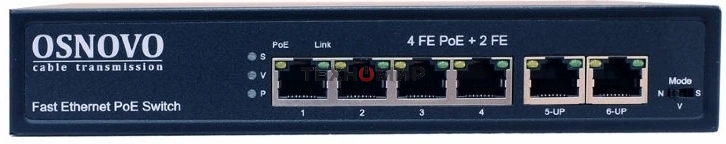 Коммутатор Osnovo SW-20600(80W) PoE коммутатор 6 портов, 4 PoE порта 10/100 Base-T, 2*10/100 Base-T Uplink, до 30W на порт, суммарно до 80W