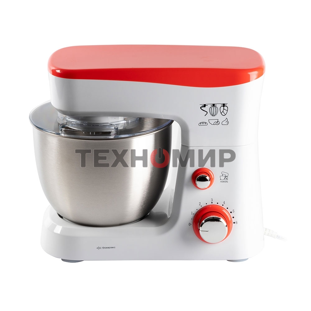 Миксер стационарный Endever Sigma-25, 1000 Вт., планетарный, многофункциональный, стальная чаша 3,5 л., регулировка скорости, белый/красный