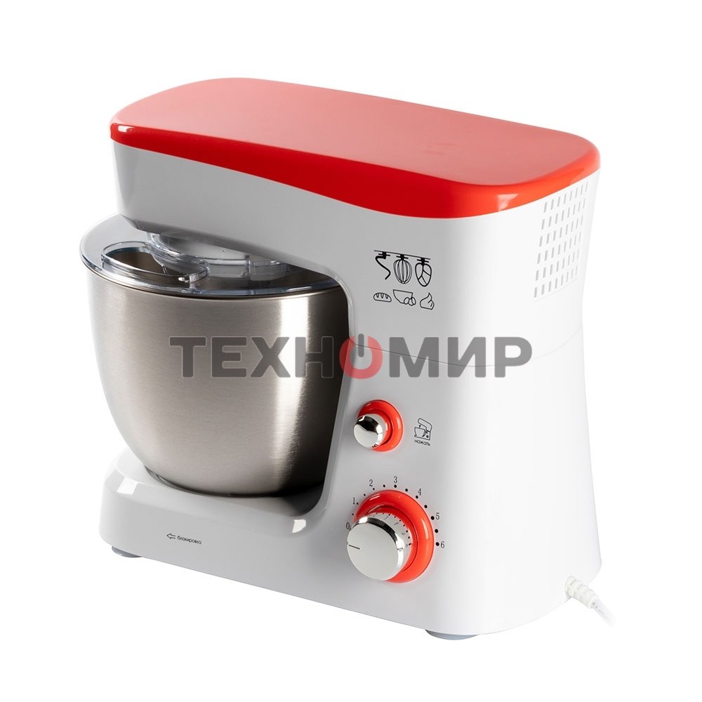 Миксер стационарный Endever Sigma-25, 1000 Вт., планетарный, многофункциональный, стальная чаша 3,5 л., регулировка скорости, белый/красный