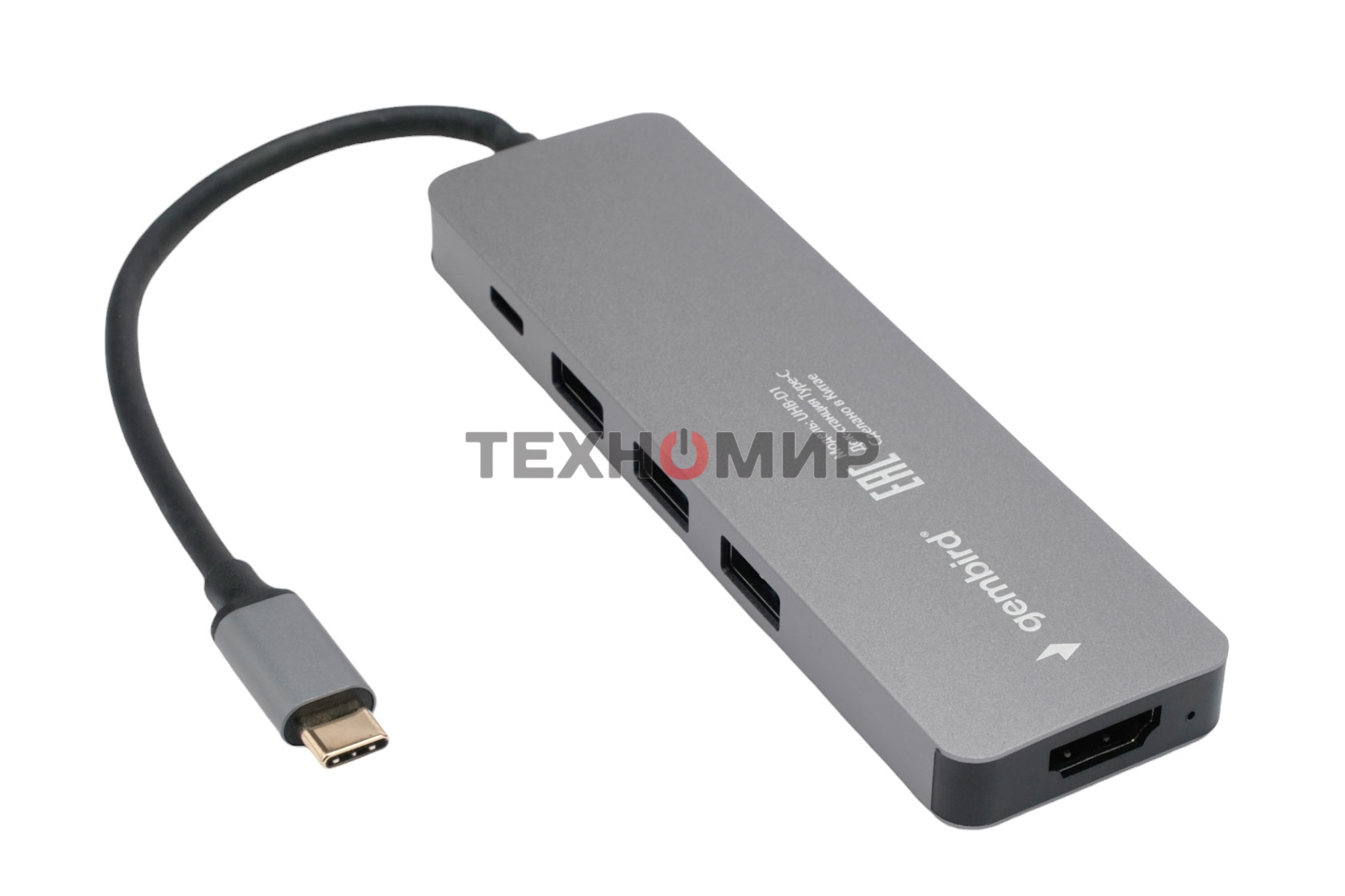 Концентратор USB Type-C Gembird UHB-D1, 5в1: 3хUSB3.1, Type-C PD100W, HDMI, кабель 17см, алюминий