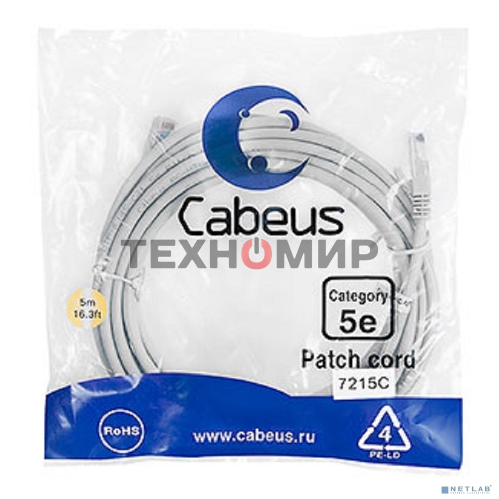 Патч-корд Cabeus PC-UTP-RJ45-Cat.5e-5m U/UTP, cat.5е, 2xRJ45/8p8c, неэкранированный, серый, PVC, 5м