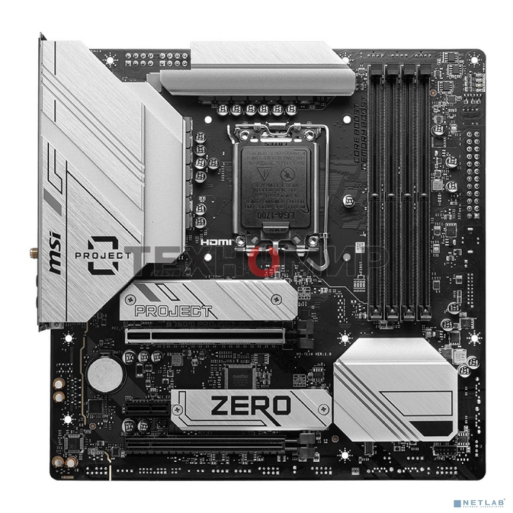 Материнская плата MSI B760M PROJECT ZERO,(Обратное подключение разъемов) LGA 1700, Intel B760, 4xDDR5, 4xSATA, 2xM.2, 1xPCIe 5.0 x16, 1xPCIe 4.0 x4, 1xPCIe x1, 1xHDMI, 1xDP, 3xUSB 3.2 Gen 2, 4xUSB 2.0, 1xUSB 3.2 Gen 2x2, 1x 2.5Gb LAN, 5x3.5 мм, 7.1, mATX
