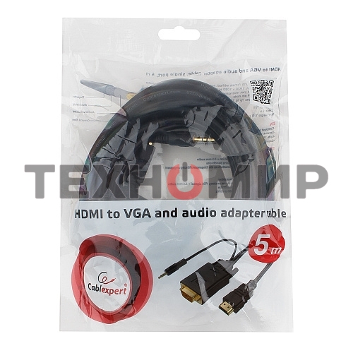 Кабель HDMI->VGA Cablexpert A-HDMI-VGA-03-5M, 19M/15M + 3.5Jack, медь, позол.разъемы, 5м, черный, пакет