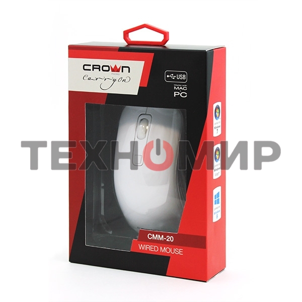 Мышь проводная Crown CMM-20 белый, 1600 dpi, USB Type-A, кнопки - 4