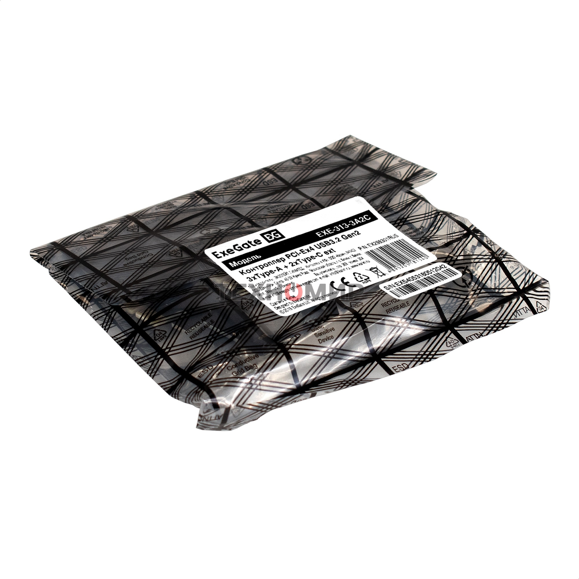 Контроллер ExeGate EXE-313-3A2C (PCI-E x4 v3.0, USB3.2 Gen2 3xType-A + 2xType-C ext., SuperSpeed+ скорость до 10 Gbит/с, разъем доп.питания, ASMedia Chipset ASM3142)