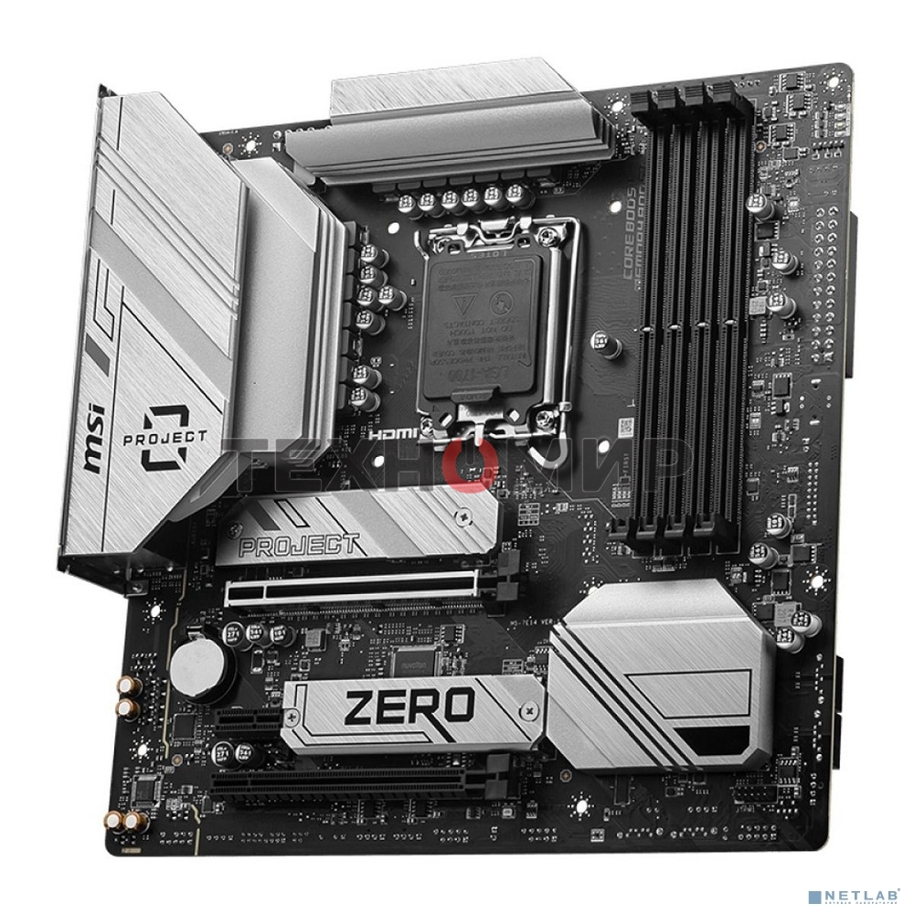Материнская плата MSI B760M PROJECT ZERO,(Обратное подключение разъемов) LGA 1700, Intel B760, 4xDDR5, 4xSATA, 2xM.2, 1xPCIe 5.0 x16, 1xPCIe 4.0 x4, 1xPCIe x1, 1xHDMI, 1xDP, 3xUSB 3.2 Gen 2, 4xUSB 2.0, 1xUSB 3.2 Gen 2x2, 1x 2.5Gb LAN, 5x3.5 мм, 7.1, mATX