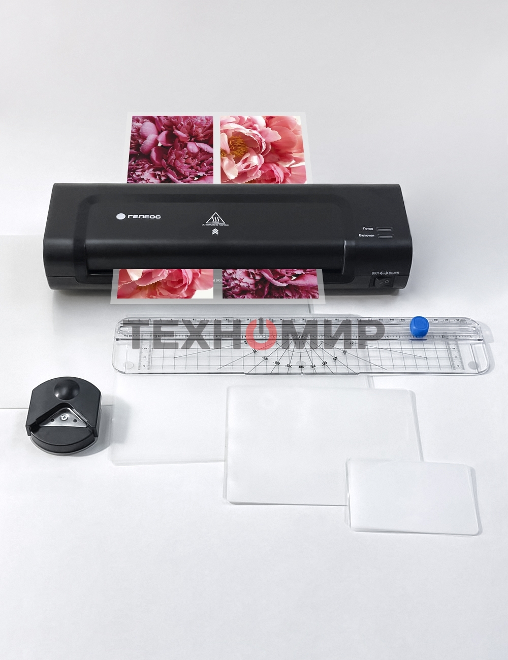 Ламинатор Гелеос ЛМ A4 Комбо, А4, 2х150 (пленка 75-150мкм), 300 мм/мин, 2 вала, пласт. корпус, мах толщина 0,6мм, разжим валов, + резак, обрезчик углов и стартовый набор пленок