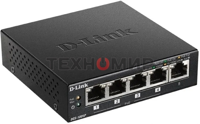 Коммутатор неуправляемый D-Link DGS-1005P/B3A с 5 портами 10/100/1000Base-T (4 порта PoE 802.3af/at, PoE-бюджет 60 Вт)