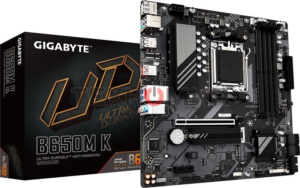 Материнская плата GIGABYTE B650M K, AM5, AMD B650, 4xDDR5, 4xSATA, 2xM.2, 1xPCIe 4.0 x16, 1xPCIe x1, 1xHDMI, 1xDP, 1x2.5Gb LAN, 1xUSB 3.2 Gen 2, 2xUSB 3.2 Gen 1, 4xUSB 2.0, 3x3.5 мм, 7.1, micro-ATX