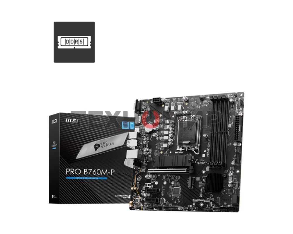 Материнская плата MSI PRO B760M-P DDR5, LGA 1700, Intel B760, 4xDDR5, 4xSATA, 2xM.2, 1xPCIe 4.0 x16, 2xPCIe 3.0 x1, 1xHDMI, 1xDP, 1xVGA, 1x1Gb LAN, 4xUSB-A 2.0, 1xUSB-A 3.2 Gen 1, 1xUSB-C 3.2 Gen 2, 3x3.5 мм, 7.1, mATX