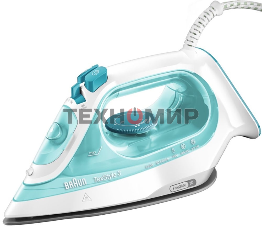 Утюг Braun SI 3041 GR TexStyle 3 белый/бирюзовый, 2350 Вт, 45 г/мин, 150 г/мин, 270 мл