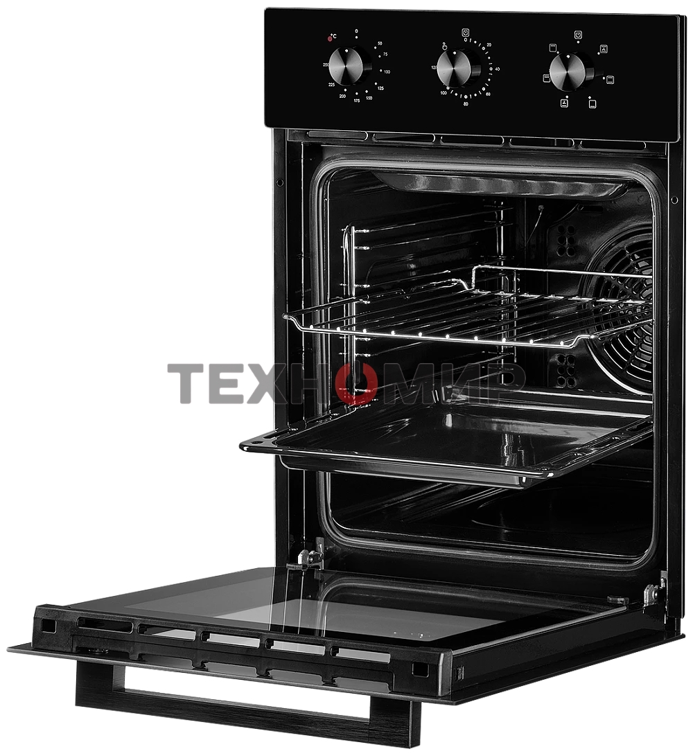 Встраиваемый духовой шкаф Monsher MOE 4563 Noir, электрический, High-Tech, объем 50 л, конвекция, гриль, 3 стекла в дверце, съемные стекла, съемная дверца, телескопические направляющие, черный