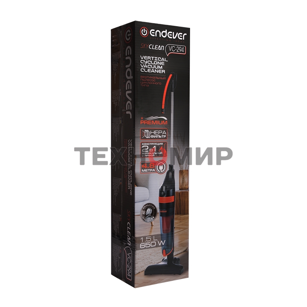 Пылесос вертикальный циклонного типа Endever SkyClean VC-294 черный/оранжевый, питание от сети, 120 Вт, уборка сухая, пылесборник 1.5 л