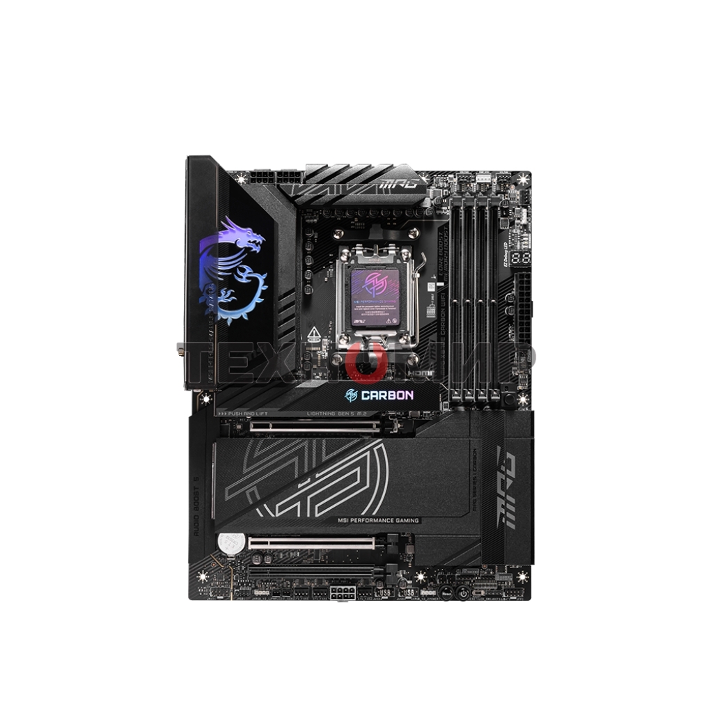 Материнская плата MSI MPG X870E CARBON WIFI, AM5, AMD X870E, 4xDDR5, 4xSATA, 4xM.2, 1xPCIe 5.0 x16, 1xPCIe 5.0 x4, 1xPCIe 4.0 x4, 1xHDMI, 2xUSB-C, 2x1Gb LAN, 9xUSB 3.2 Gen 2, 2xUSB4, 2x3.5 мм, 7.1, ATX