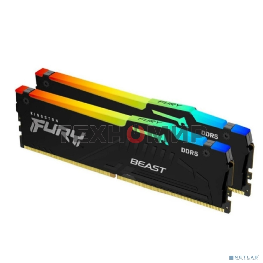 Оперативная память Kingston Fury Beast, DDR5, 32Gb (2x16GB), 5600MHz, CL36, DIMM, с радиаторами, RGB, черный