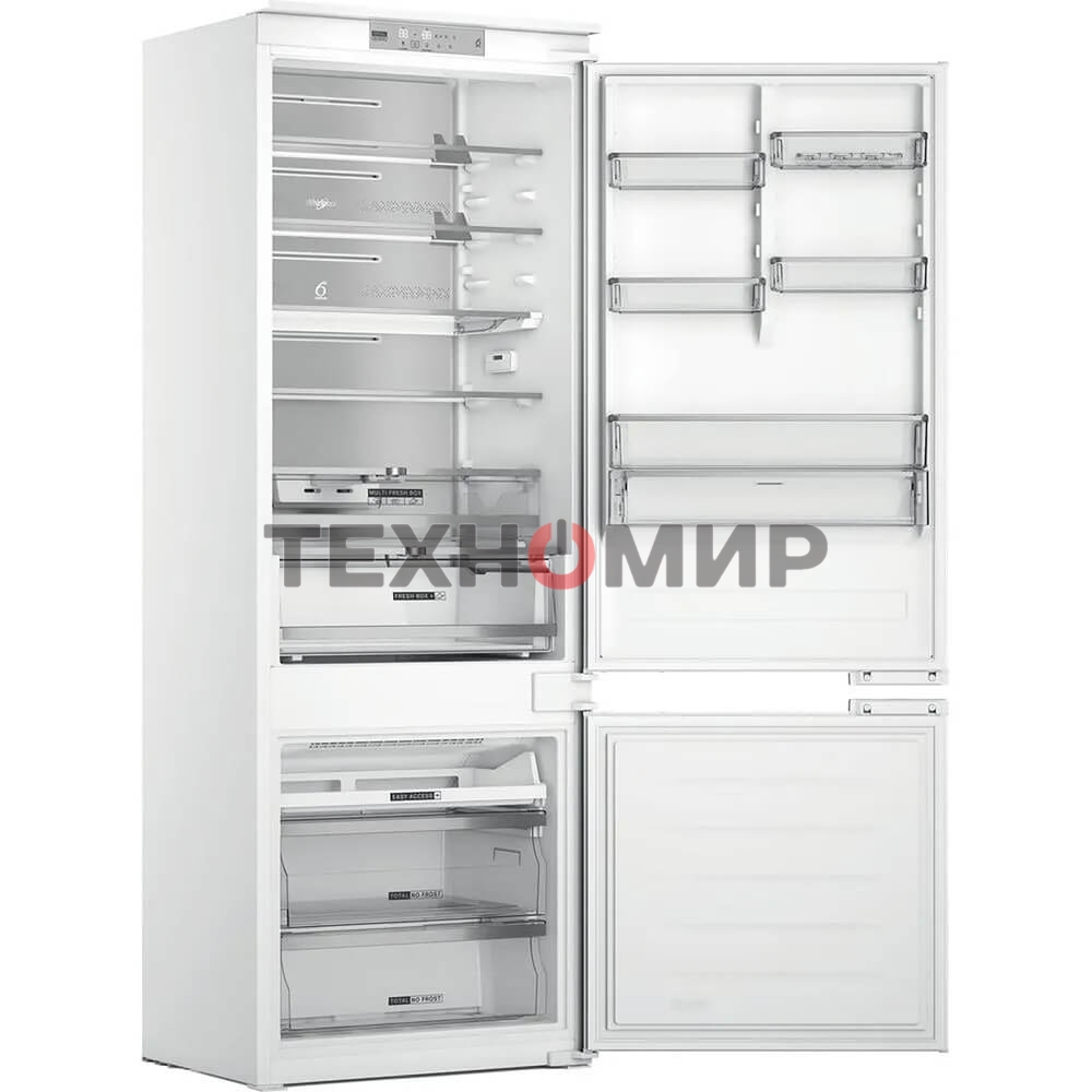 Холодильник встраиваемый Whirlpool WHSP70T241P 70 см, 193.5х54.3х69 см, 295/95 л, инверторный компрессор, автоматическая разморозка, зона свежести влажная, сенсорное управление, технология 6 SMYSL FreshControl, MultiFlow, FreezeControl, перенавешиваемые д
