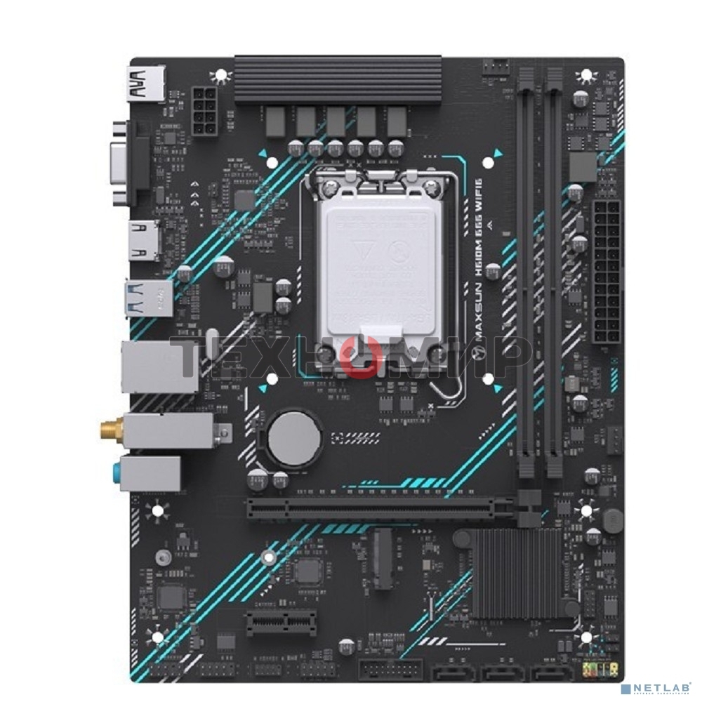 Материнская плата Maxsun H610M 666 WiFi6, LGA 1700, Intel H610, 2xDDR4, 3xSATA, 1xM.2, 1xPCI-E 4.0 x16, 1xPCI-E x1, 1xHDMI, 1xVGA, 2xUSB 3.2 Gen 1, 2xUSB 2.0, 1x 1Gb LAN, 3x3.5 мм, 5.1, Micro-ATX
