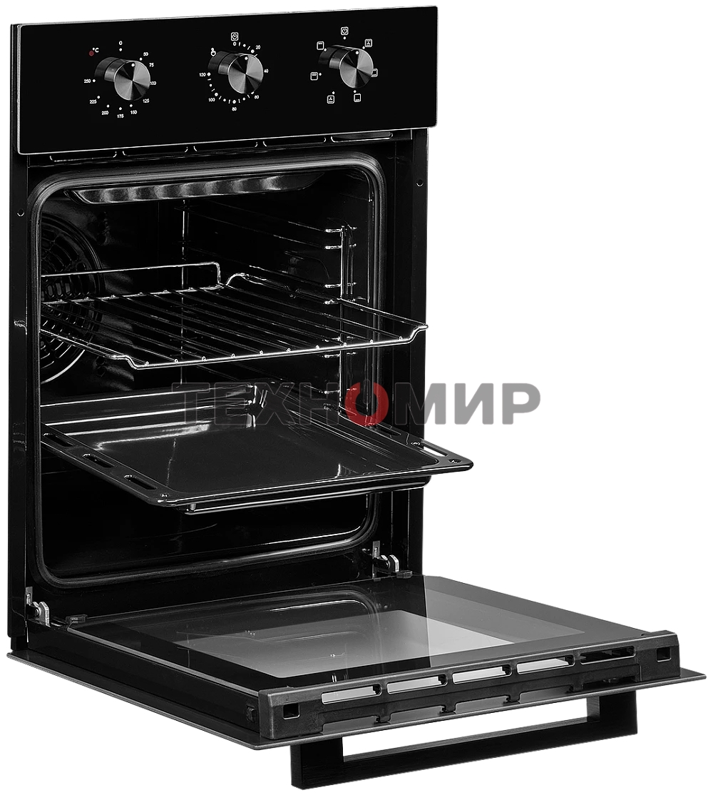 Встраиваемый духовой шкаф Monsher MOE 4563 Noir, электрический, High-Tech, объем 50 л, конвекция, гриль, 3 стекла в дверце, съемные стекла, съемная дверца, телескопические направляющие, черный