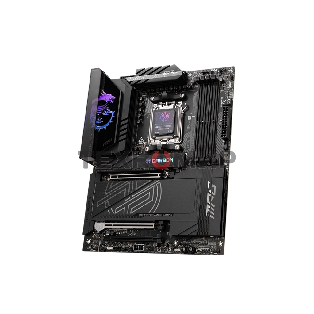 Материнская плата MSI MPG X870E CARBON WIFI, AM5, AMD X870E, 4xDDR5, 4xSATA, 4xM.2, 1xPCIe 5.0 x16, 1xPCIe 5.0 x4, 1xPCIe 4.0 x4, 1xHDMI, 2xUSB-C, 2x1Gb LAN, 9xUSB 3.2 Gen 2, 2xUSB4, 2x3.5 мм, 7.1, ATX