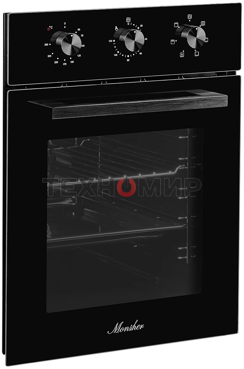 Встраиваемый духовой шкаф Monsher MOE 4563 Noir, электрический, High-Tech, объем 50 л, конвекция, гриль, 3 стекла в дверце, съемные стекла, съемная дверца, телескопические направляющие, черный