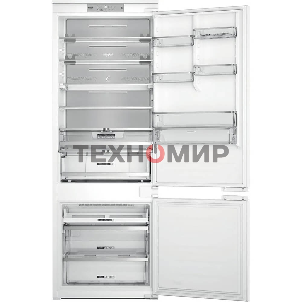 Холодильник встраиваемый Whirlpool WHSP70T241P 70 см, 193.5х54.3х69 см, 295/95 л, инверторный компрессор, автоматическая разморозка, зона свежести влажная, сенсорное управление, технология 6 SMYSL FreshControl, MultiFlow, FreezeControl, перенавешиваемые д