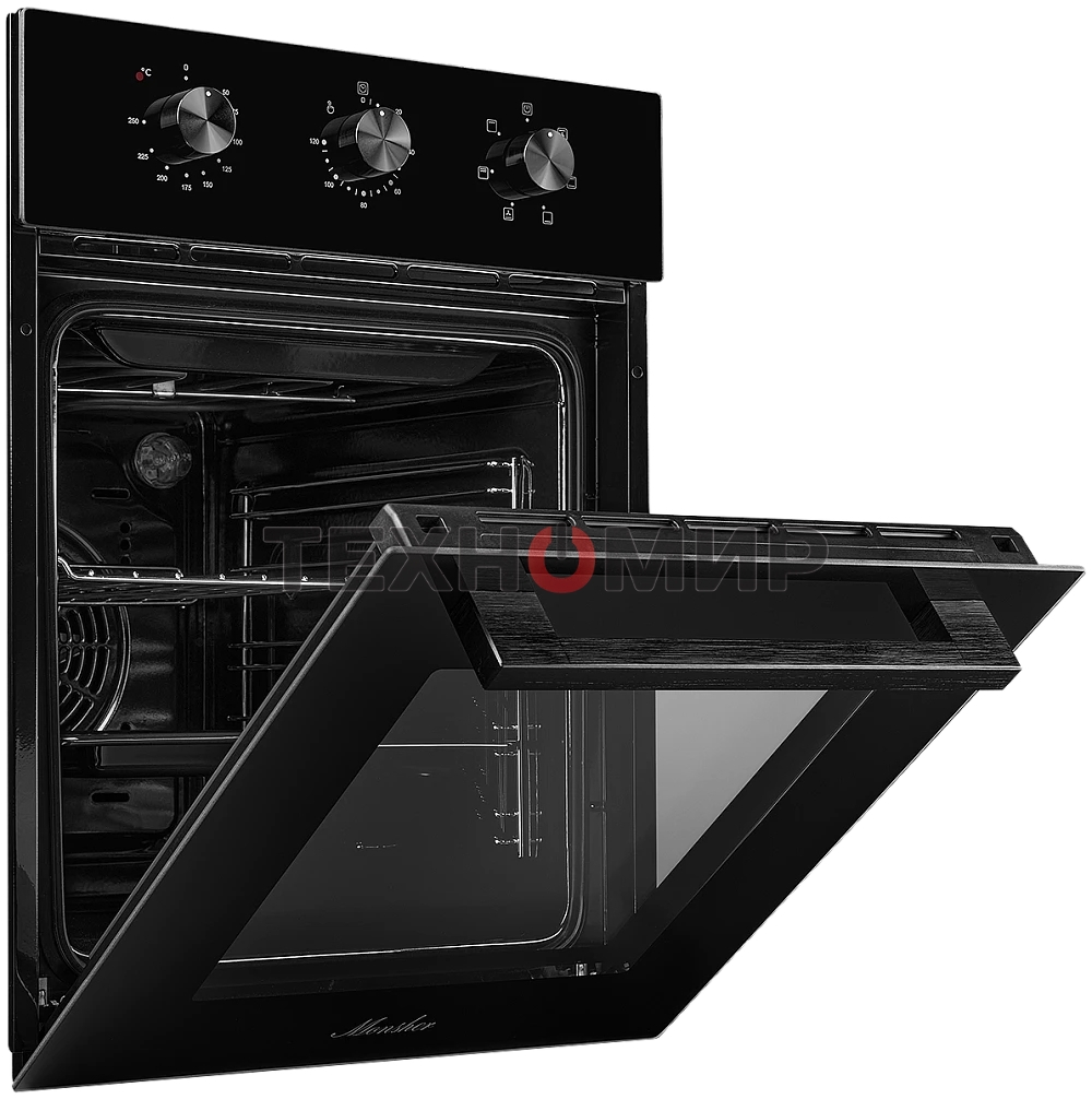 Встраиваемый духовой шкаф Monsher MOE 4563 Noir, электрический, High-Tech, объем 50 л, конвекция, гриль, 3 стекла в дверце, съемные стекла, съемная дверца, телескопические направляющие, черный