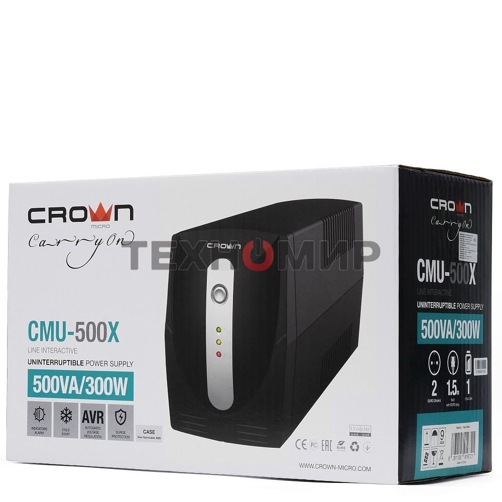 Источник бесперебойного питания Crown CMU-500X (480 ВА/240 Вт; Off-Line; 1 х Euro + 1 х IEC-320 резервным питанием и фильтрацией; 12V/4,5AH х 1; пластик)