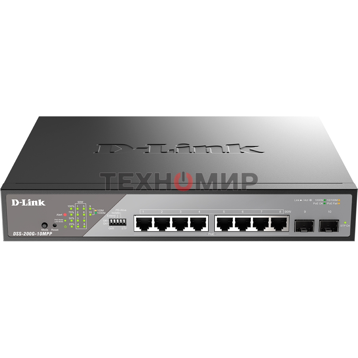 Коммутатор сетевой Smart L2 Surveillance Switch 8х1000Base-T PoE 802.3bt 90W, 2x1000Base-X SFP, PoE Budget 242W, Long-range PoE up to 250m