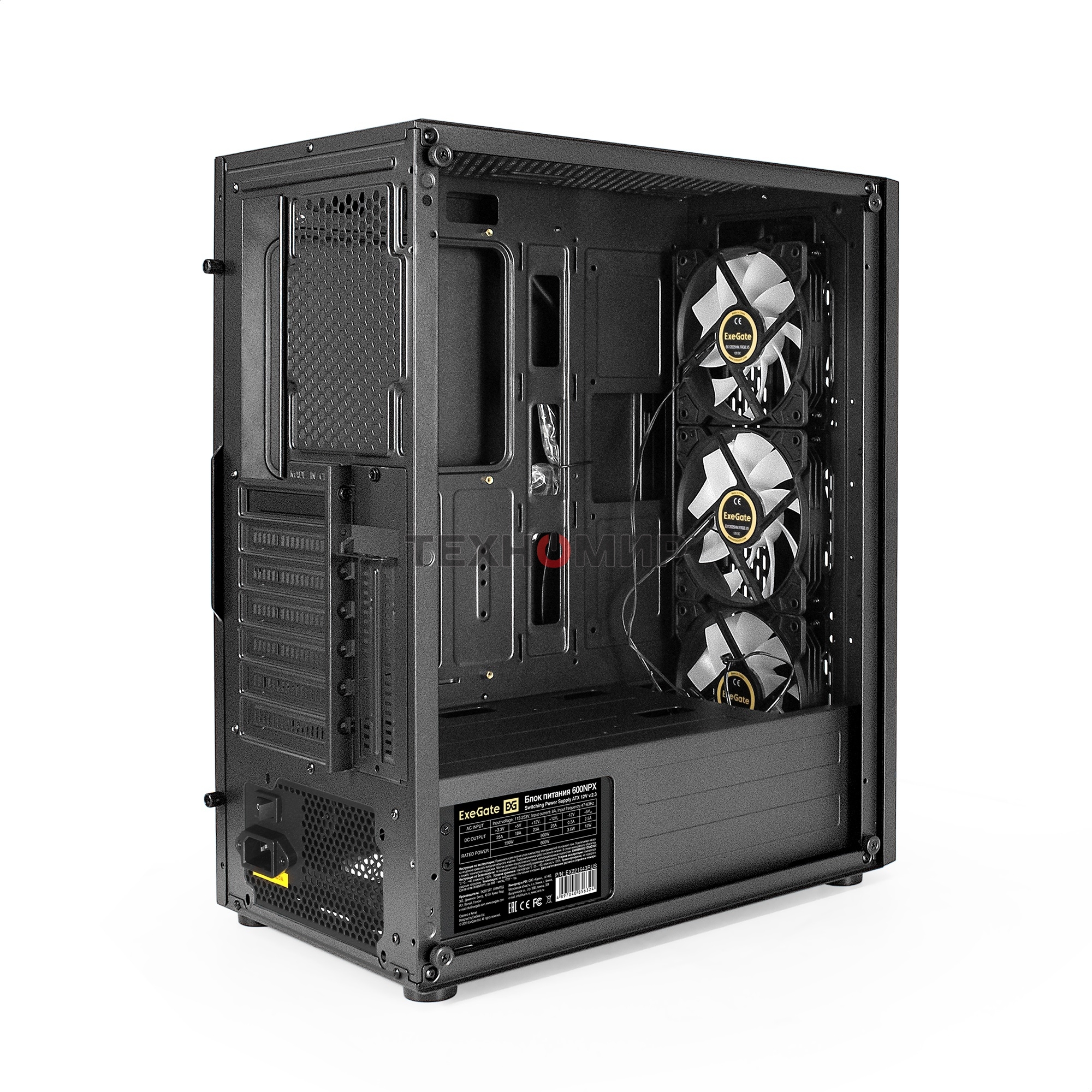 Компьютерный корпус Miditower ExeGate EVO-9205-NPX600 (ATX, БП 600NPX с вент. 12 см, с окном, 1*USB+1*USB 3.0, аудио, 3 вент. 12см с RGb подсветкой)