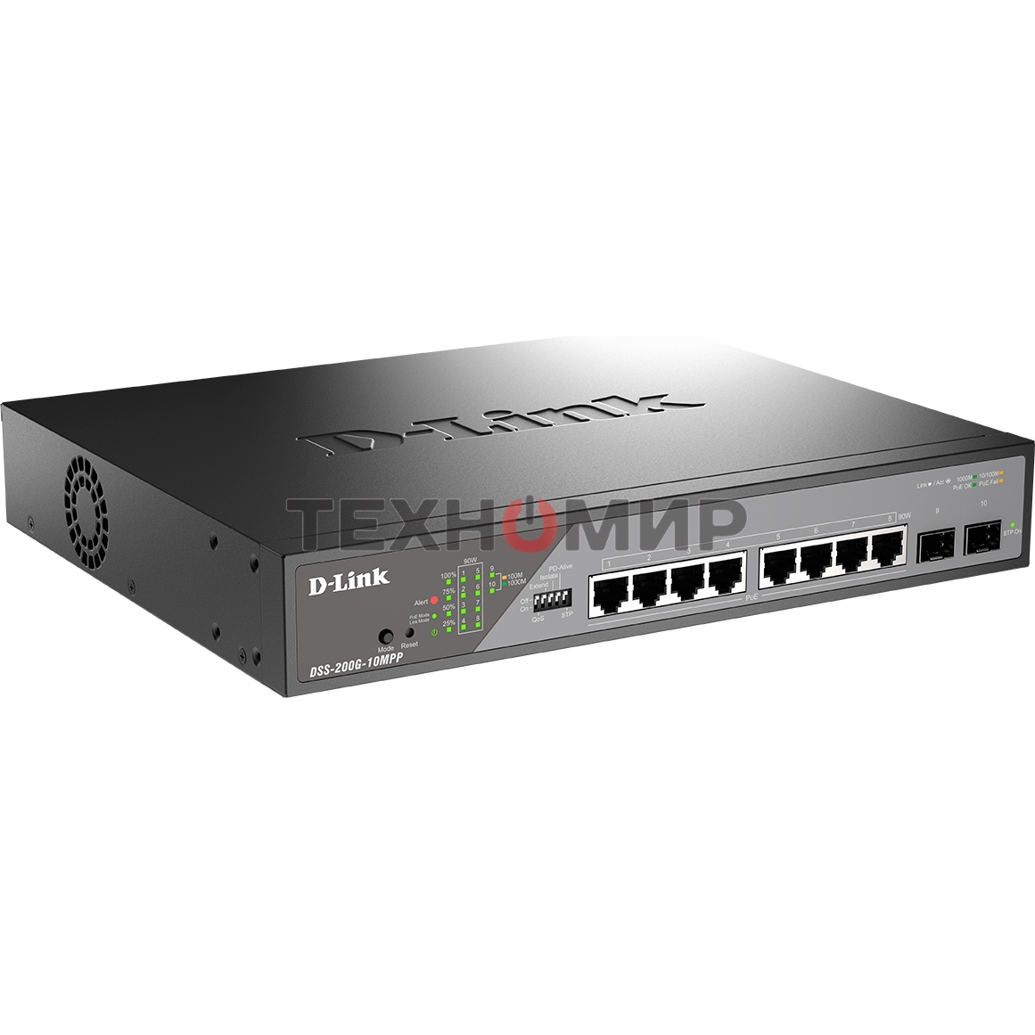 Коммутатор сетевой Smart L2 Surveillance Switch 8х1000Base-T PoE 802.3bt 90W, 2x1000Base-X SFP, PoE Budget 242W, Long-range PoE up to 250m