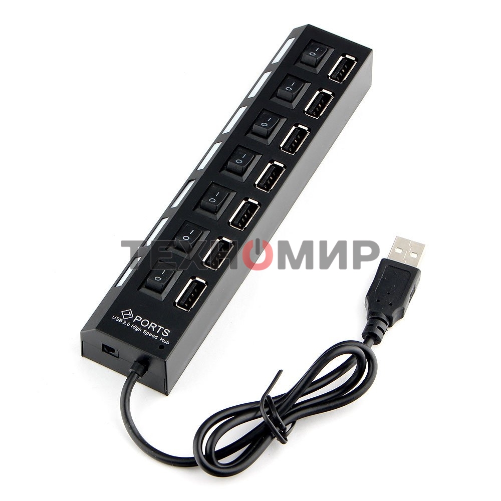 Разветвитель USB2.0 Gembird UHB-U2P7-01, 7хUSB, с доп. питанием, подсветка и выключатели, кабель USB 55 см, черный, коробка