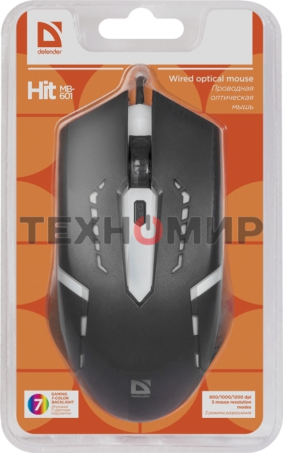 Мышь проводная Defender Hit MB-601 черный, 1200 dpi, USB, кнопки - 4