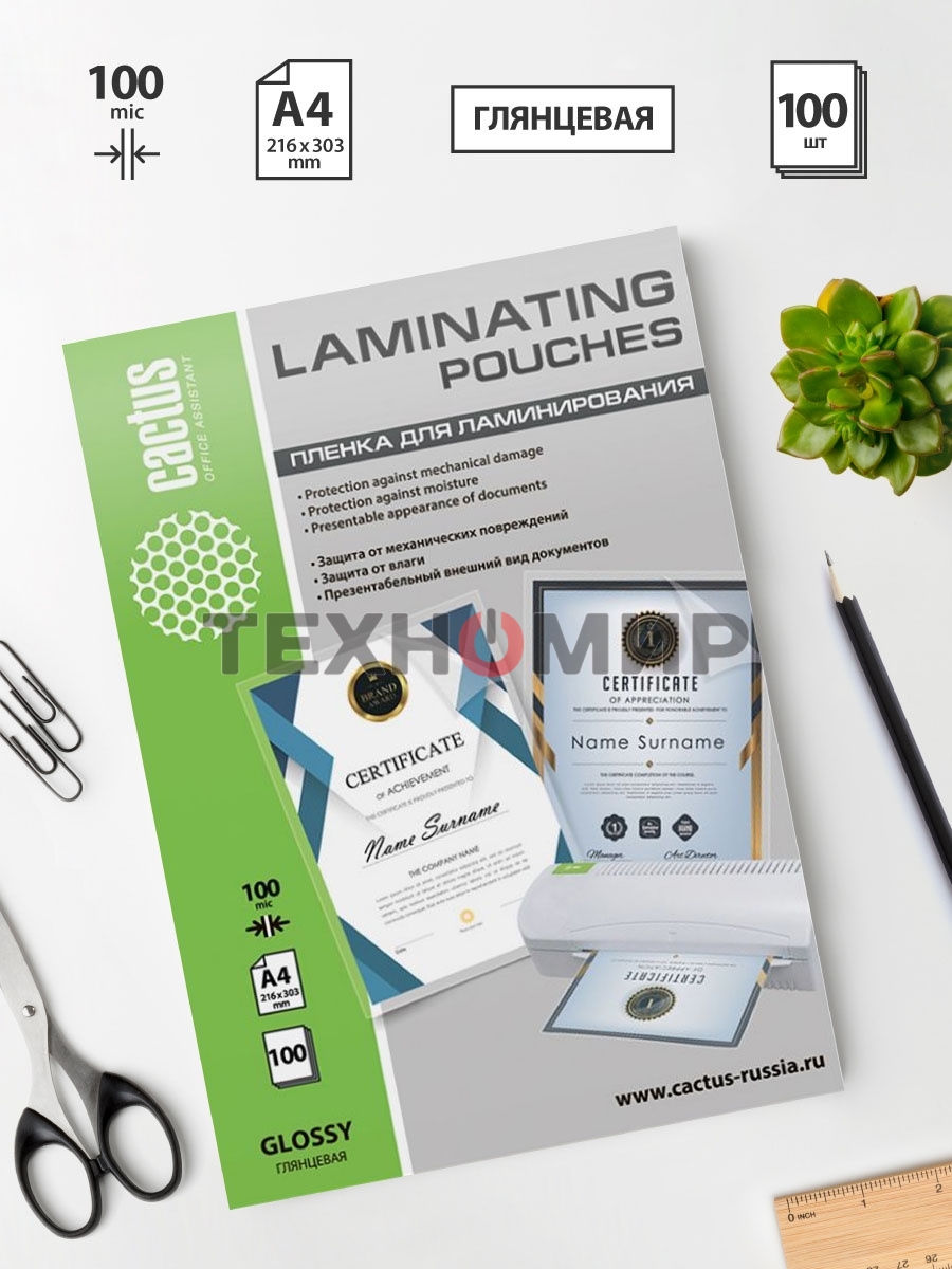 Пленка для ламинирования Cactus 100мкм A4 (100 шт) глянцевая 216x303 мм CS-LPGA4100100