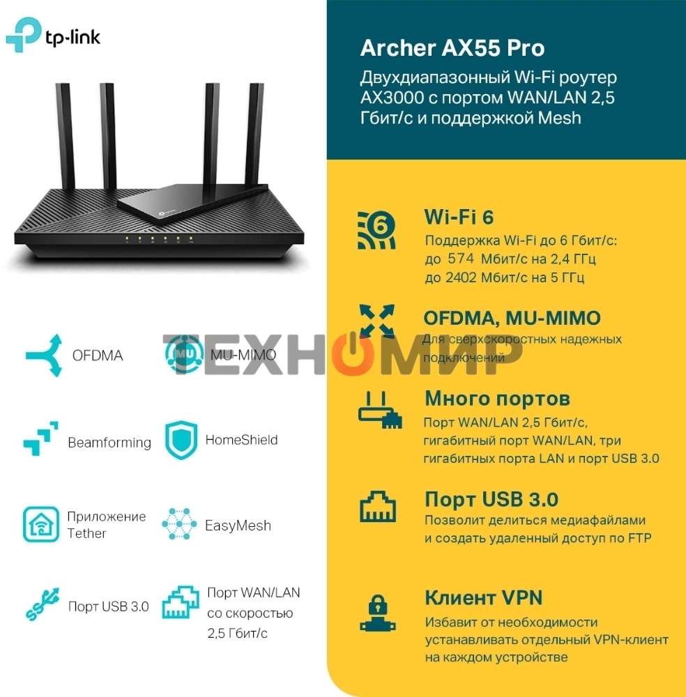 Двухдиапазонный гигабитный TP-Link Archer AX55 Pro AX3000 Wi-Fi 6 роутер