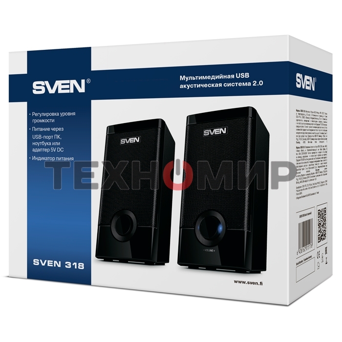 Колонки Sven 318 черный USB-порт ПК, ноутбука или адаптер 5V DC