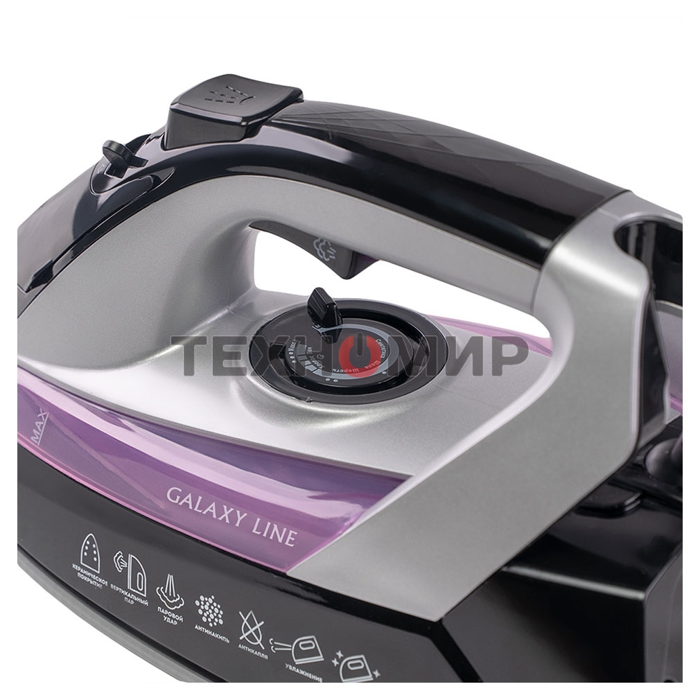 Утюг Galaxy Line GL 6128, фиолетовый с черным, паровой, 2200 Вт, постоянный пар 30 г/мин, паровой удар 140 г/мин, функции: самоочистка, антикапля, антинакипь, функция увлажнения, вертикальное отпаривание, защита от перегрева, индикатор нагрева, керамическ