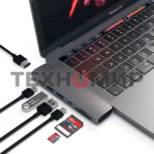 USB-концентратор Satechi Aluminum Pro Hub для Macbook Pro (USB-C). Порты: HDMI, Thunderbolt 3, USB Type-C, SD, microSD, 2 x USB 3.0. серый космос.