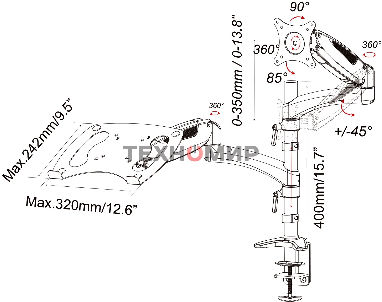 Кронштейн для монитора/ноутбука Cactus CS-VM-LH08-BK черный 13